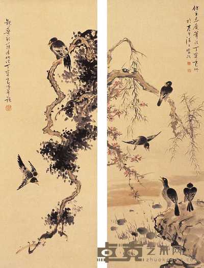 丁宝书 花鸟（四件） 屏轴 89×32cm×4